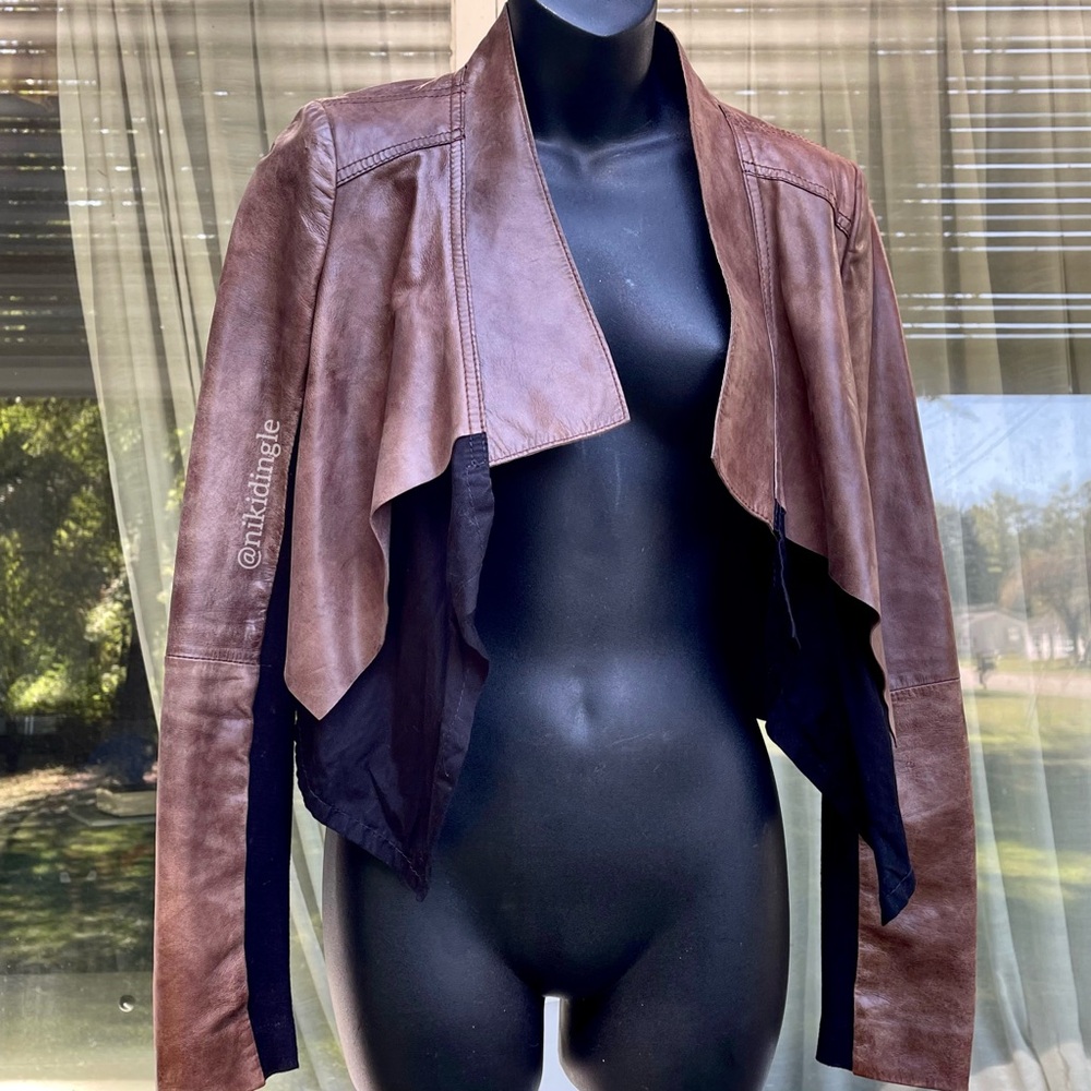 Vintage BCBG maxazria y2k Genuine leather jacket Moto Biker Boho Punk Brown XS